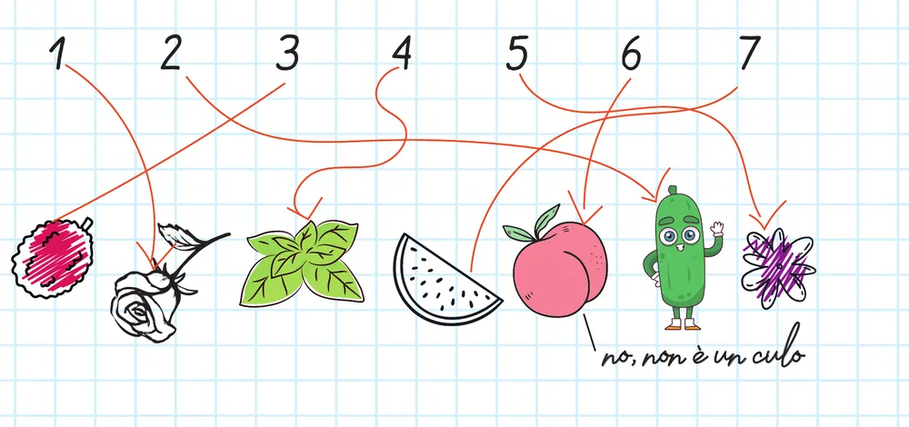 Dal menù 7COINS: i sette spritz collegati ai loro frutti con frecce disegnate a mano; accanto alla pesca c’è scritto “no, non è un culo”